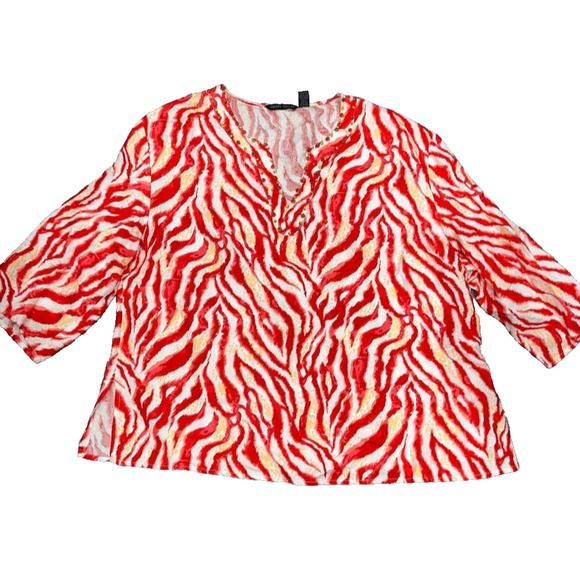 Taylor Tops - Sherry Taylor Red White Zebra ramie v-neck print 3/4 Sleeve Blouse 3X A005416